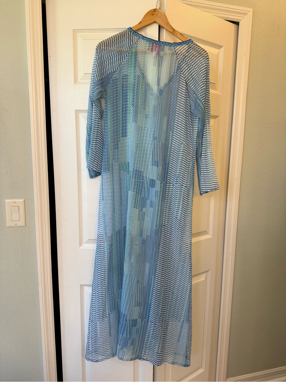 Nimo With Love sheer blue mix print caftan beach dress or resort cover-up beaded - Picture 5 of 5